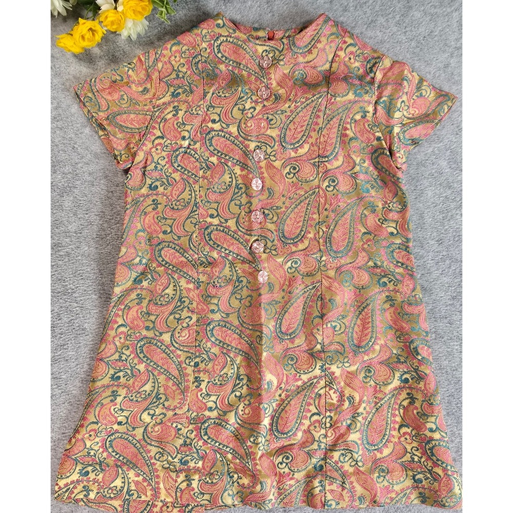Vintage 60s Paisley Brocade Tunic Girls Size 6 Sm Pink Gold Mod Western Handmade